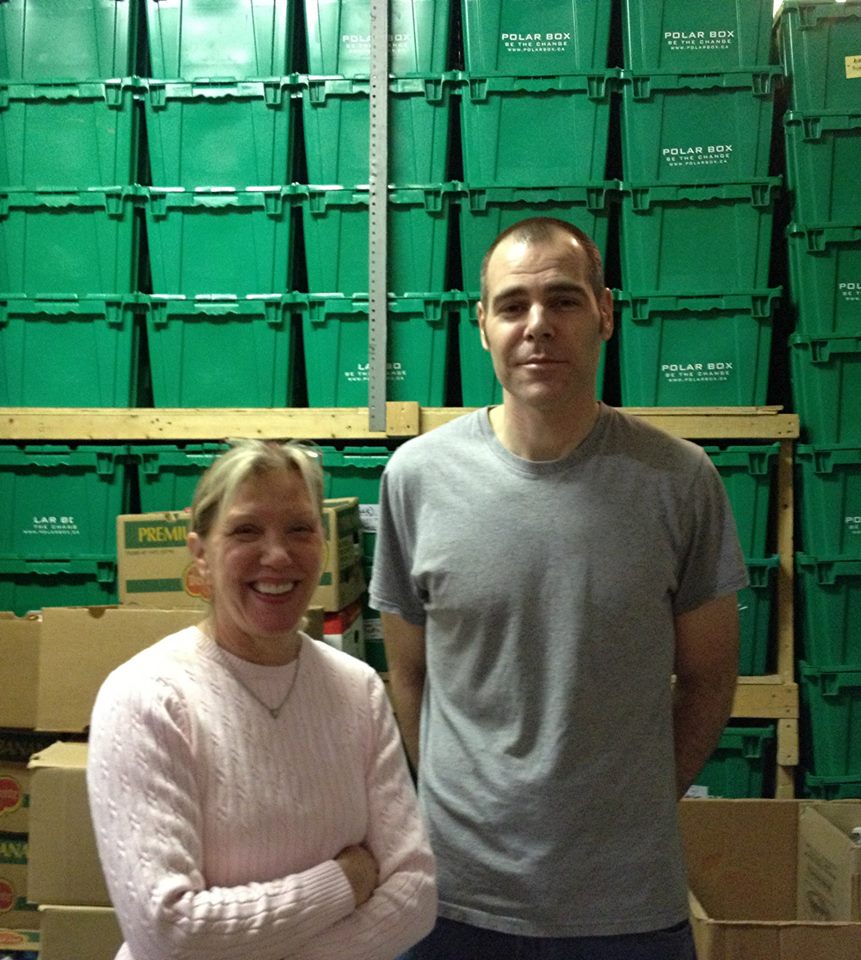 Two NDG volunteers at the NDG Food Depot with Donated PolarBox Boxes